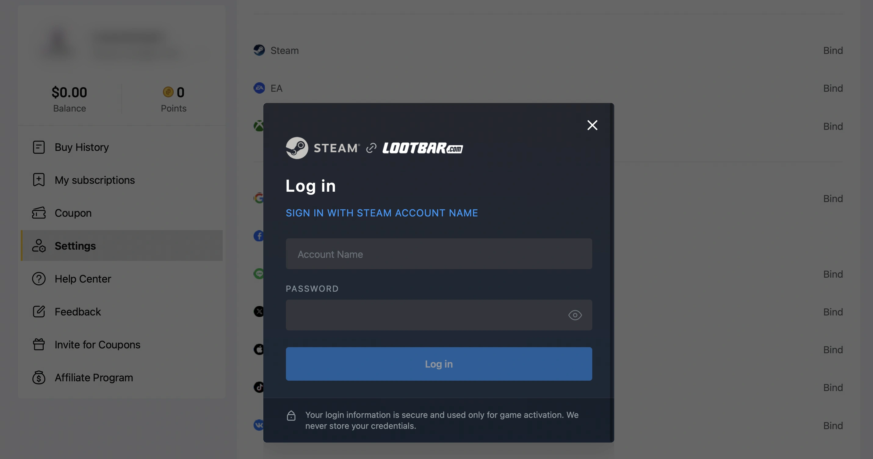 Account binding on LootBar.com portal