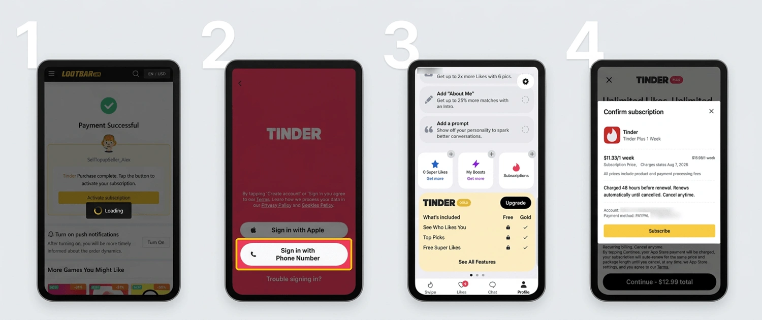 在 LootBar 購買並啟用 Tinder 訂閱的步驟